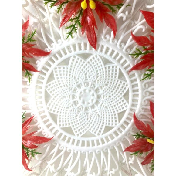 Vintage White Lace-Look Decorative Plastic Doiley With Red & Yellow Floral Accen - Picture 3 of 4